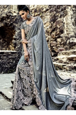 Grey color imported pallu and net wedding wear saree