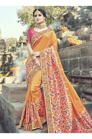 Orange and pink silk wedding wear saree