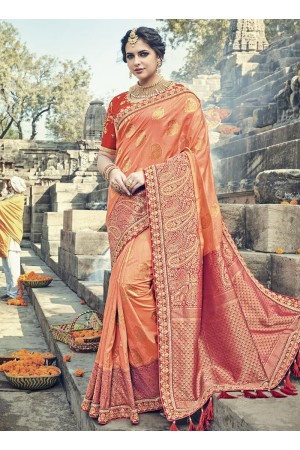 Peach and red silk wedding wear saree