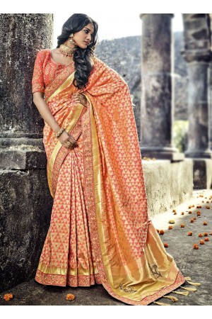 Peach color Pure Banarasi Silk wedding wear saree