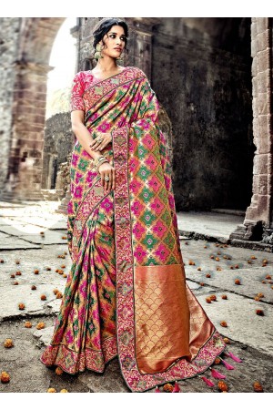 Pink and green Pure Banarasi Silk wedding wear saree