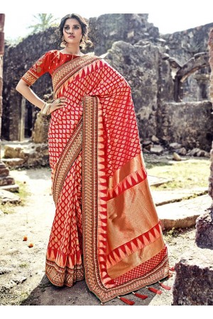 Red color Pure Banarasi Silk wedding wear saree