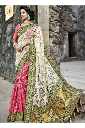 Off white and pink lucknowi net and banaras silk wedding sarees