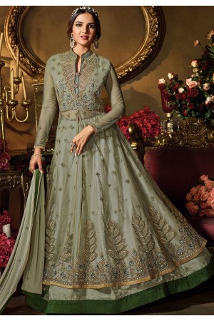 green shade net satin embroidered lehenga style suit 11062