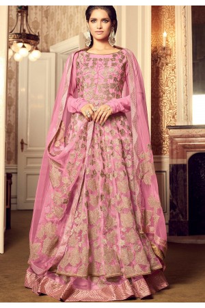 Pink color net party wear lehenga style kameez