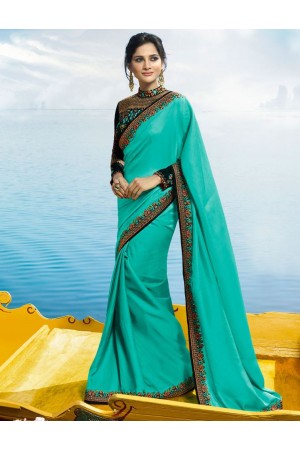 Turquoise Color Barfi silk designer party wear saree