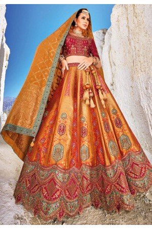 Orange banarasi silk lehenga choli for wedding 7107