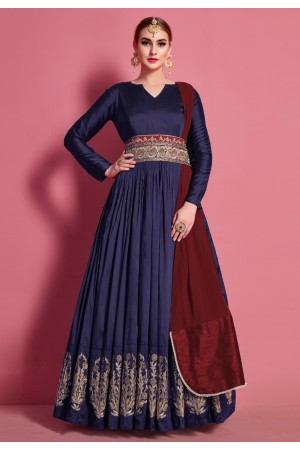 Navy blue taffeta long anarkali suit 4619