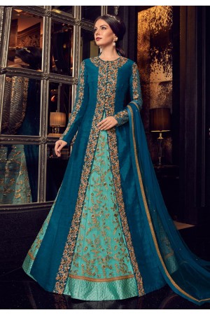 Blue color tussar silk wedding Lehenga and pant 2 in1 style