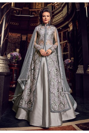 Grey color net and silk Indian wedding Lehenga kameez