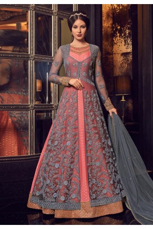 Grey and pink net and chanderi Indian Jacket style anarkali