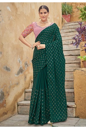 Green chinon saree with blouse 5425