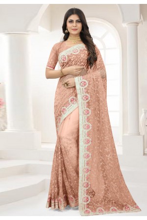 Peach net saree with blouse 6362