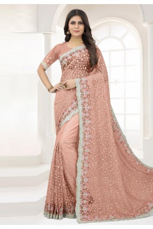 Peach net saree with blouse 6367