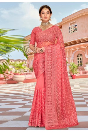 Pink net saree with blouse 1477