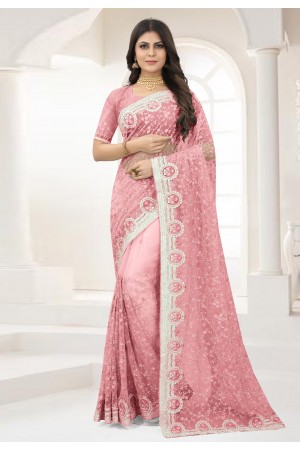 Pink net saree with blouse 6365