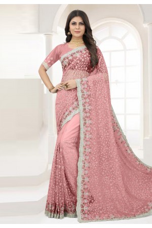 Pink net saree with blouse 6370
