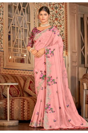 Pink organza saree with blouse 28001