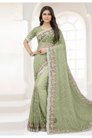 Pista green net saree with blouse 6368