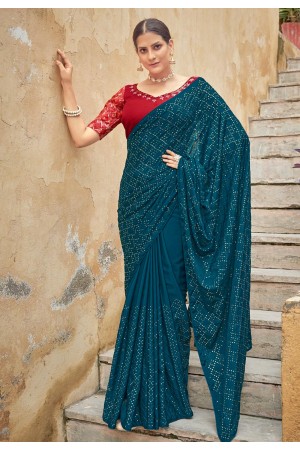 Teal chinon saree with blouse 5427