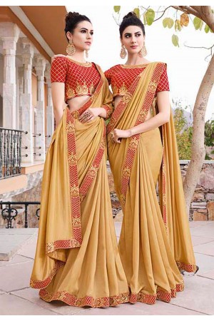 Beige silk embroidered festival wear saree 35862
