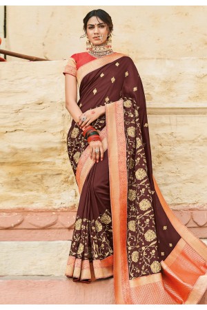 Brown cotton embroidered festival wear saree 1025A