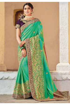Green cotton embroidered festival wear saree 1020B