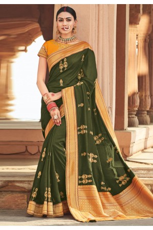 Green cotton embroidered festival wear saree 1021B