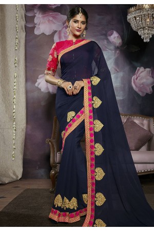 Navy blue silk embroidered festival wear saree 814