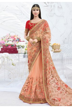 Peach net embroidered saree with blouse 2793