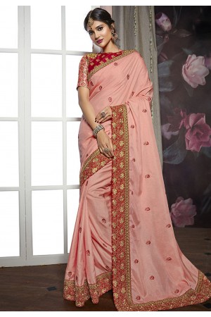 Pink silk embroidered party wear saree 818