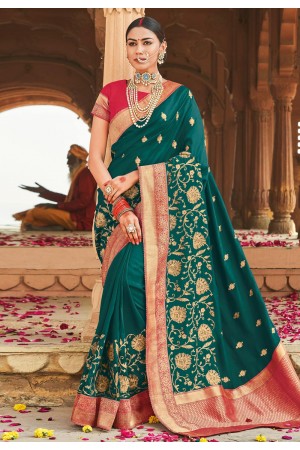 Teal cotton embroidered saree with blouse 1025B