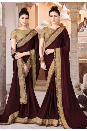Wine silk embroidered saree with blouse 35865
