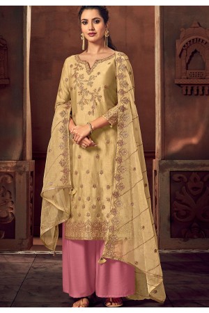 beige art silk embroidered straight palazzo suit 3102