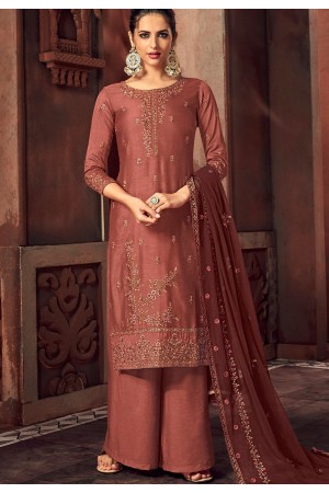 brown art silk embroidered straight palazzo suit 3103