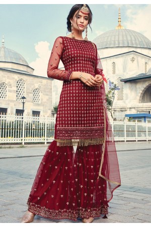 maroon net embroidered sharara suit 79001