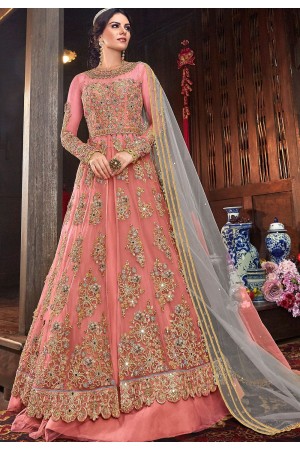 pink net embroidered lehenga style anarkali suit 6103a