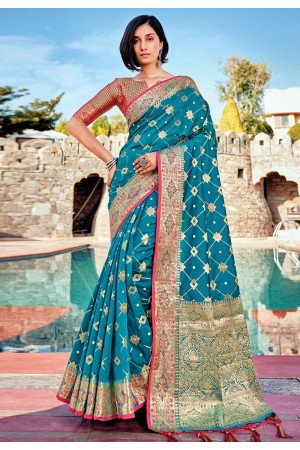 Teal banarasi silk festival wear saree 144467