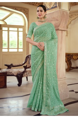 Green chiffon saree with blouse 7510