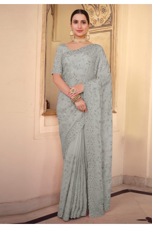 Grey chiffon saree with blouse 7536