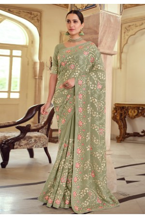 Light green satin georgette saree with blouse 7532