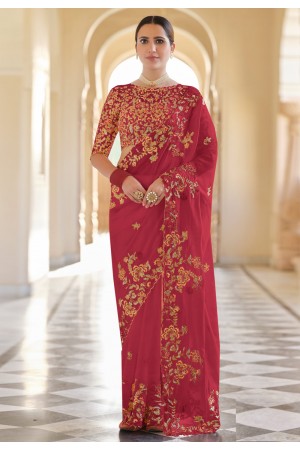 Maroon organza saree with blouse 7609