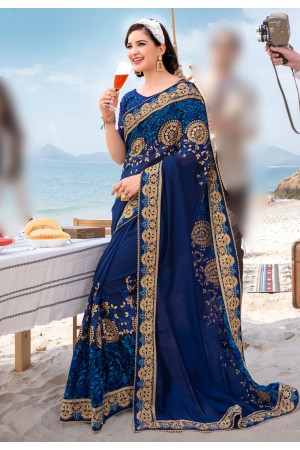 Navy blue barfi silk saree with blouse 67885