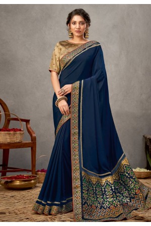 Navy blue satin silk festival wear saree 41521