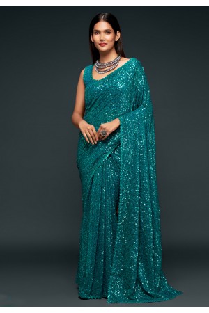 Teal georgette saree with blouse 1002