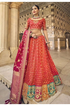 Banarasi silk circular lehenga choli in Rust colour 5402