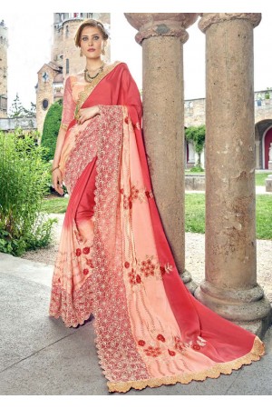 Peach Faux Georgette Embroidered Wedding Saree 4201