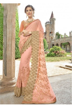 Peach Faux Georgette Embroidered Wedding Saree 4212