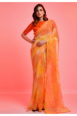 Chiffon Saree with blouse in Orange colour 6021