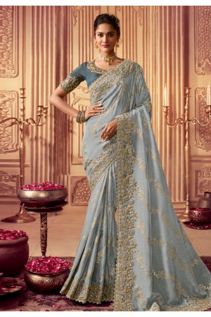 Chinon Saree with blouse in Grey colour 8001